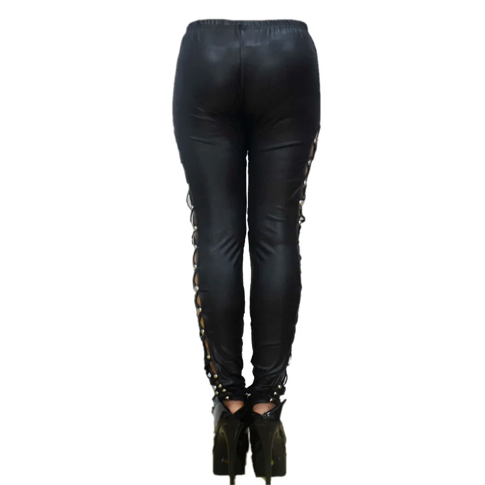 Women PU Leather Skinny Slim Trouser Gothic Punk Leggings Fishnet Trim Lace Pant Faux PU Leather Pencil Pants Club Clothing