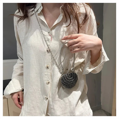 Luxury Mini Diamond Inlay Heart Shape Crystal Clutch Purse Stones Evening Wedding Party Shoulder Bag Handle Rhinestone Handbags