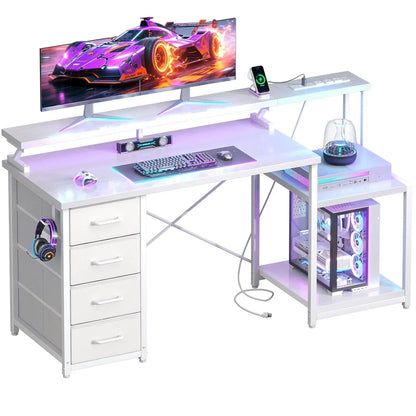 55 Inch Computer Desk with 4 Drawers, Office Desk with Power Outlets, Printer Shelf & Storage Shelves, Large, Customized