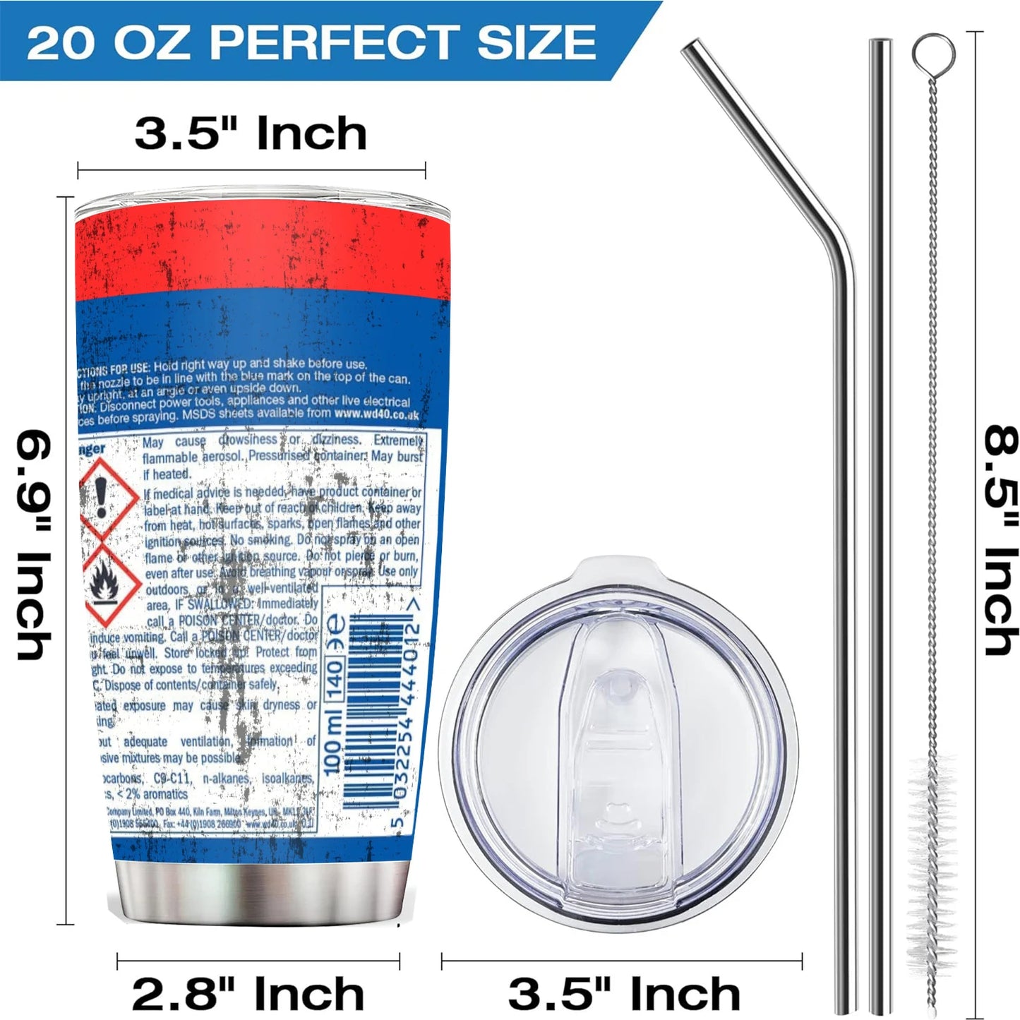 20Oz WD40 Stainless Steel Vacuum Tumbler Double Wall Insulated STP Engine Oil Filter Print with Straw and Lid Cold Hot drink cup