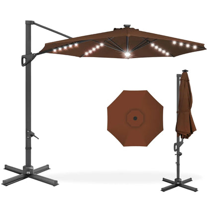 10ft Solar LED Cantilever Patio Umbrella, 360-Degree Rotation Hanging Offset Market Outdoor Sun Shade for Backyard,, Customized