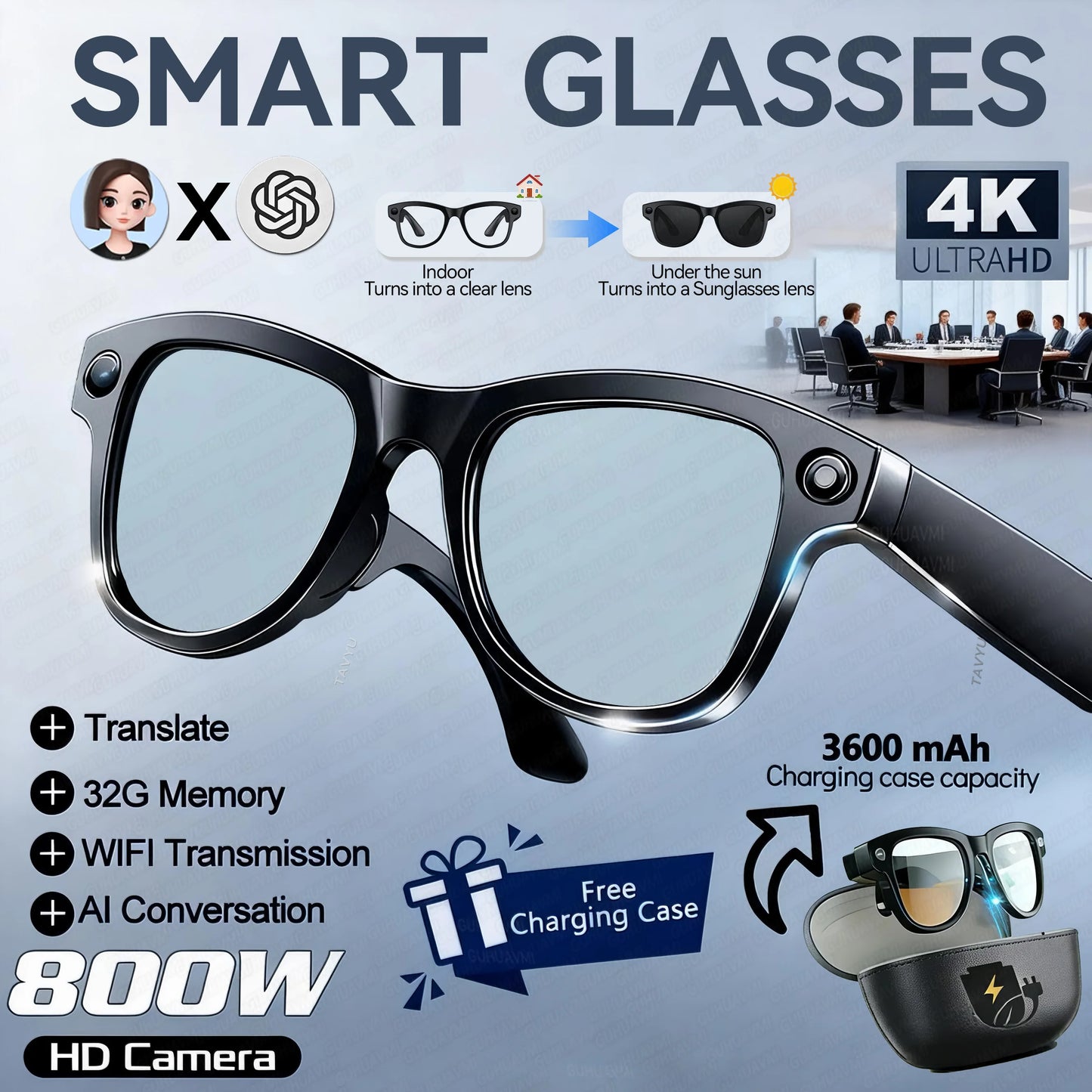 2026New 800W 4K HD Color Change AI Smart Glasses Men Record Video 3600mAh Battery 120+Languages Translation Music Player Glasses