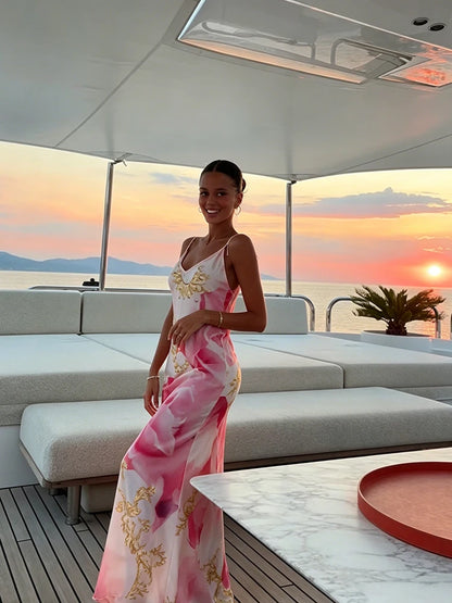 Sexy Sling Women's Maxi Dress V-neck Backless Floral Print Sleeveless Long Skirt 2026 NEW Summer Beach Vacation Party Vestido
