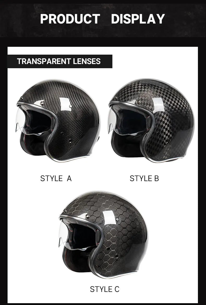 DOT Approved 12K Carbon Fiber Open Face Helmet with Visor Motorcycle Helmet Cascos Para Motos 3K 12K Jet Helmets Four Seasons