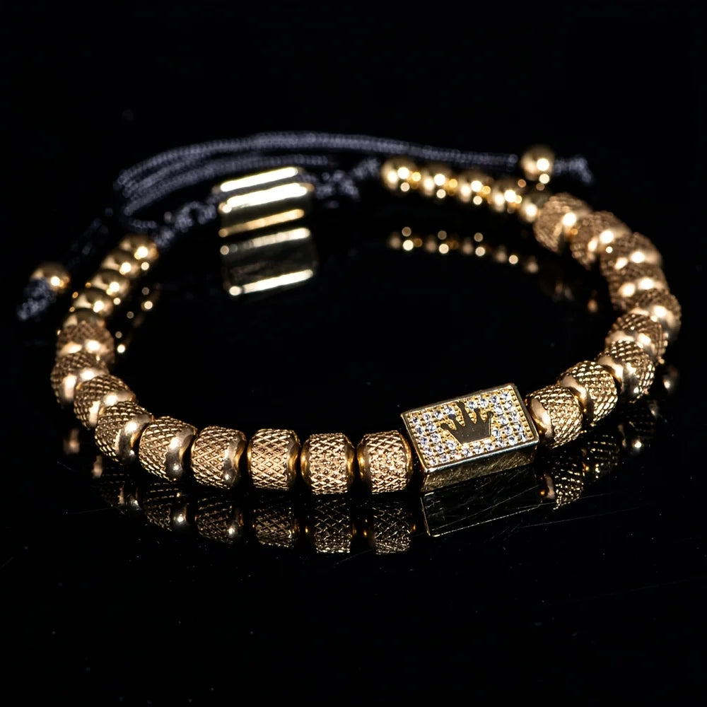 [Micro-Set Bead Bracelet] Luxury Micro-Set Square Crown Bead Adjustable Size Men's Gorgeous Braided Bracelet