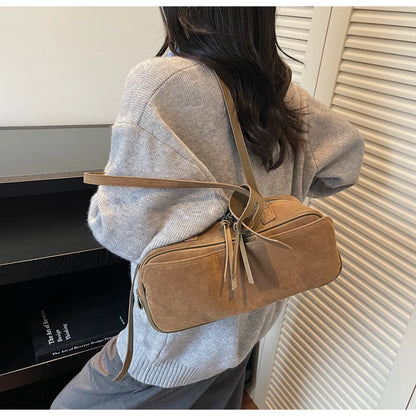Retro Red Suede Wedding Shoulder Bag Luxury Designer Women Versatile Underarm Bags Elegant Female Large Capacity Handbags