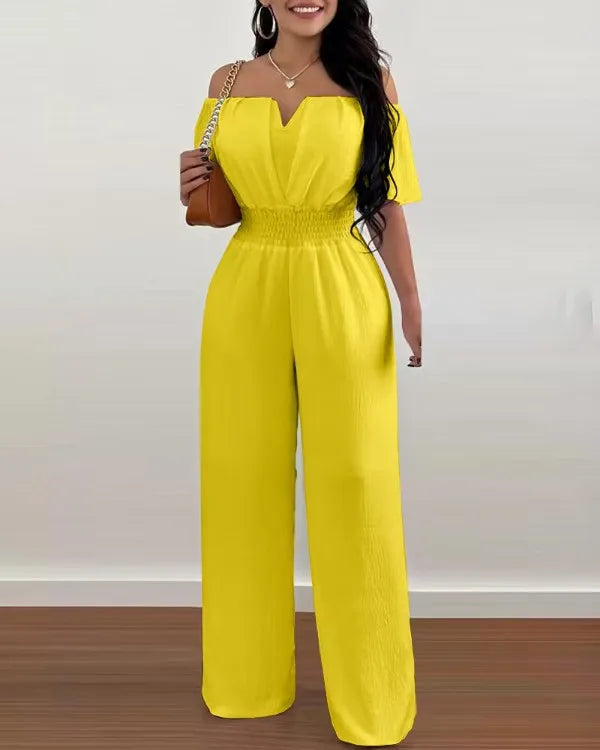 Summer New Women Sexy One Line Shoulder Solid Color Short Sleeve Jumpsuit Slim Elastic Waist Loose Straight Female Long Jumpsuit