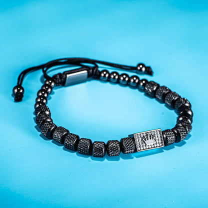 [Micro-Set Bead Bracelet] Luxury Micro-Set Square Crown Bead Adjustable Size Men's Gorgeous Braided Bracelet