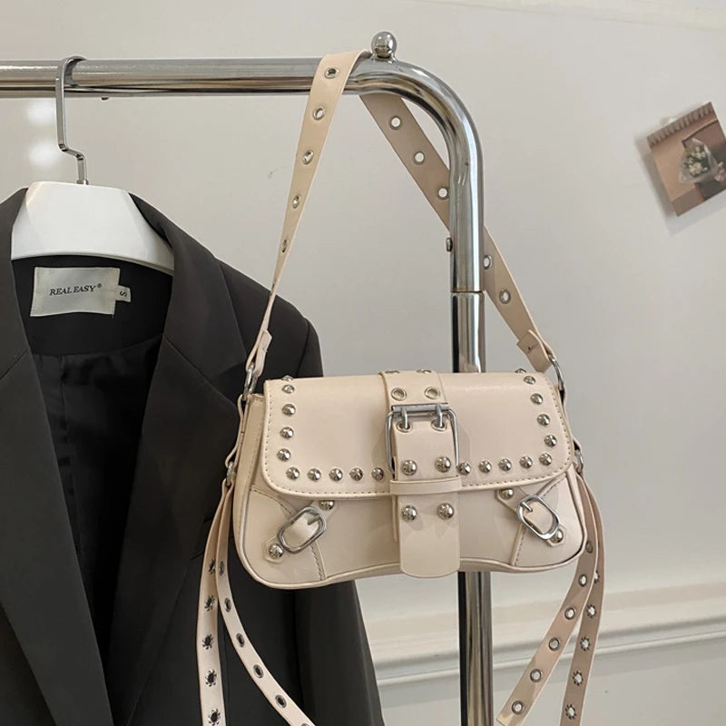 Shoulder Bag for Women Pink Underarm Bags PU Leather Crescent Bags with Rivet Small Y2k Purses Trendy Armpit Purse