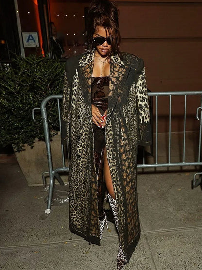 Kliou Leopard Print Trench Coat Woman Autumn Trend High Waist Bandage Cardigan Lapel Full Sleeve Street Fashion Style Clothing