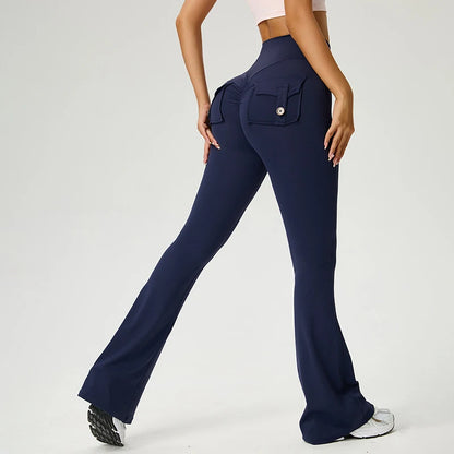 Women's Flared Pants Yoga Leggings Bell-bottoms Tight Elastic Breathable Sports Pants Back Waist Pockets Womens Clothing