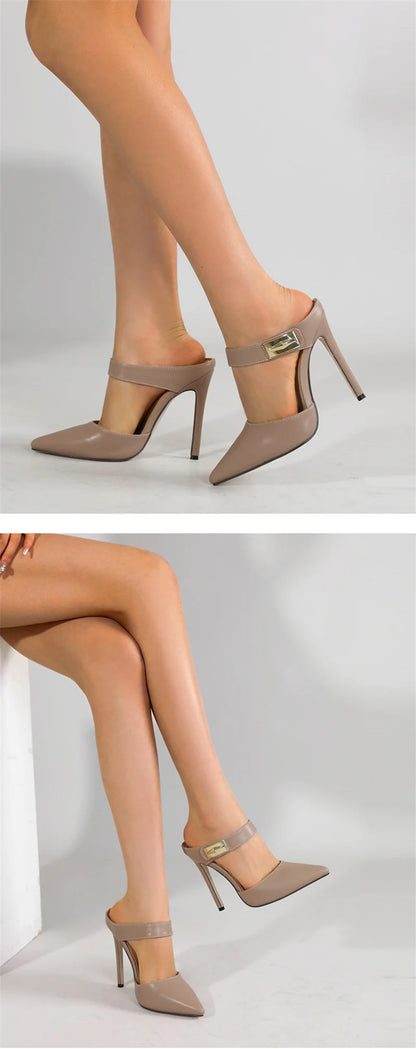 Liyke Fashion Design Metal Decoration Strap Women Pumps Slippers Cozy Leather Pointed Toe Black High Heels Shoes Stiletto Sandal