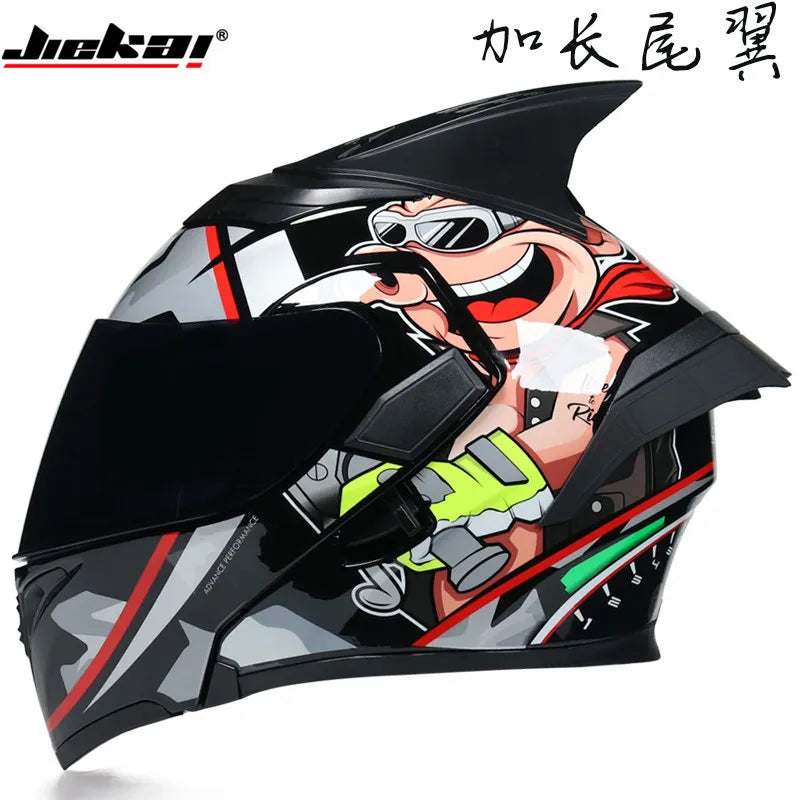 JIEKAI Motorcycle Flip Up Helmet Personality Horn Tail Motorbike Motocross Shark Moto Helmet Technology Design Full Face Casco