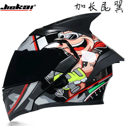 JIEKAI Motorcycle Flip Up Helmet Personality Horn Tail Motorbike Motocross Shark Moto Helmet Technology Design Full Face Casco