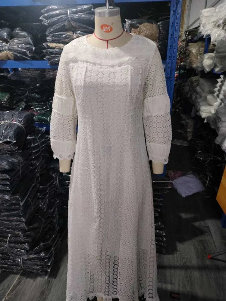 Womens White Lace Spring Dress Round Neck Vintage Beautiful Dresses Hollow Out Female Straight Gorgeous Dress Chic