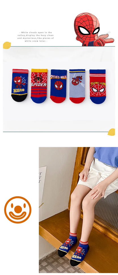 5 Pairs Spiderman Children Socks Anime Kids Boys Short Sock Kawaii Child Cartoon Baby Summer Spring Boat Socks Kids Gift 1-12Y
