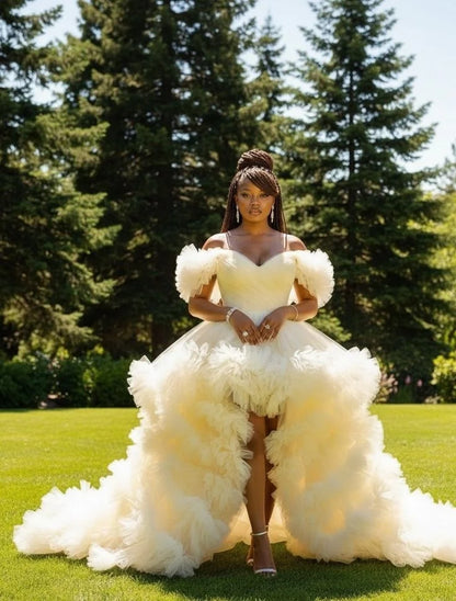 Cream Tulle Off Shoulder High Low Prom Dress  Ruffle Puff Sleeve Tiered Formal Evening Gown for Women Wedding Party