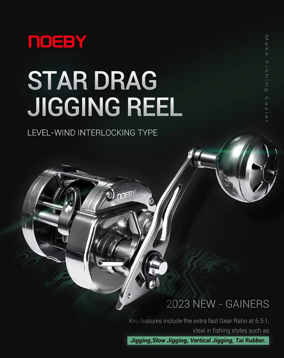Noeby-Light Metal Jigging Reel, 12kg Max Drag,Star Drag, Slow Jigging Reel, Ocean Sea Baitcasting Reel,383G, Gear Ratio 6.5:1