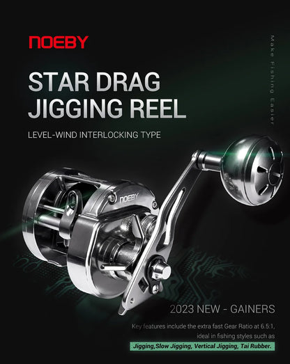 Noeby-Light Metal Jigging Reel, 12kg Max Drag,Star Drag, Slow Jigging Reel, Ocean Sea Baitcasting Reel,383G, Gear Ratio 6.5:1