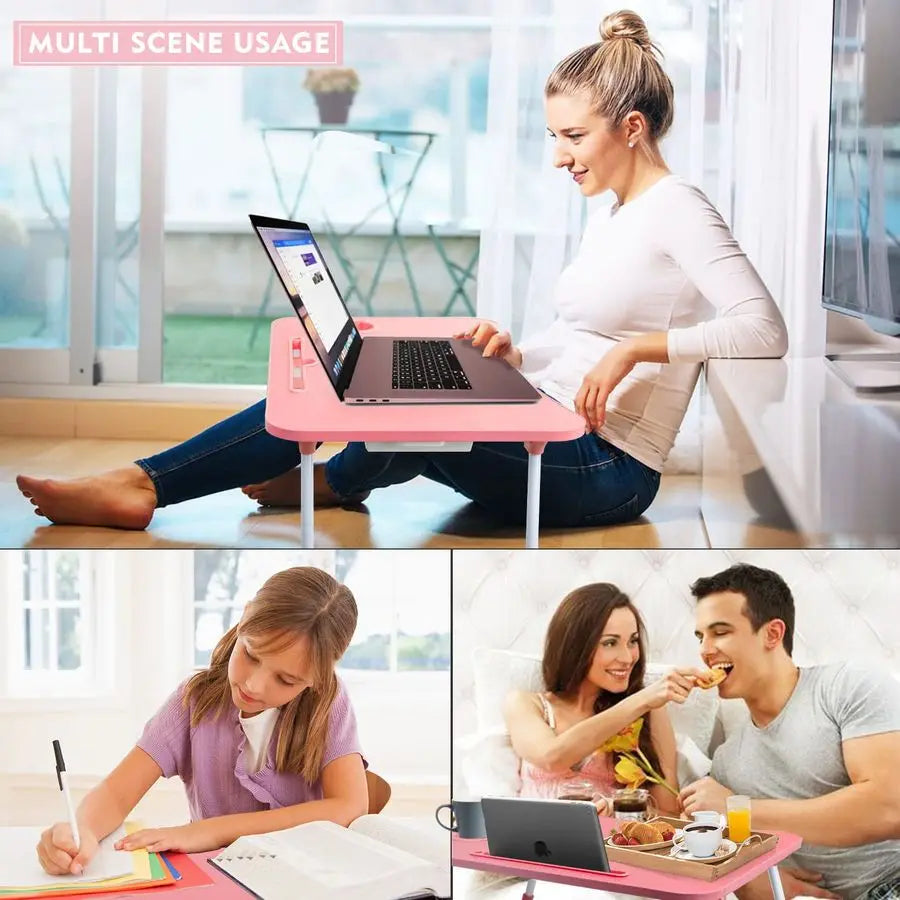 Bed Table, Foldable Laptop Desk Bed Tray with Storage Drawer, Lap Desk TV Tray for Breakfast Serving, Notebook Stand Reading Hol