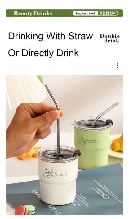 300ml Drinking Cup With Straw Portable Stainless Steel Coffee Cups Mug With Lid Heat Resistant Tea Cup Tumbler Travel Mug
