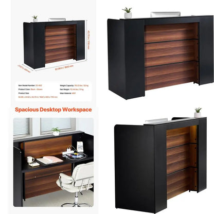 62 Rectangular Front Counter Desk with LED Light for Retail, Lobby, and Office Use, Black & Brown