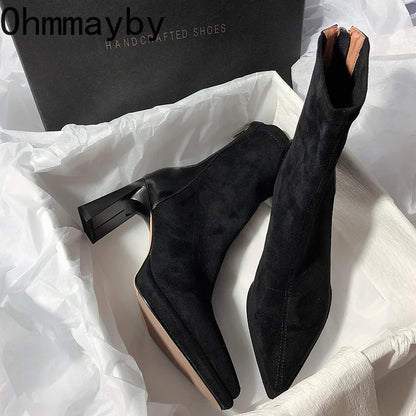 Square High Heel Women Ankle Boots Fashion Zippers Shoes Retro Style Autumn Winter Pointed Toe Ladies Dancing Party Prom Shoes