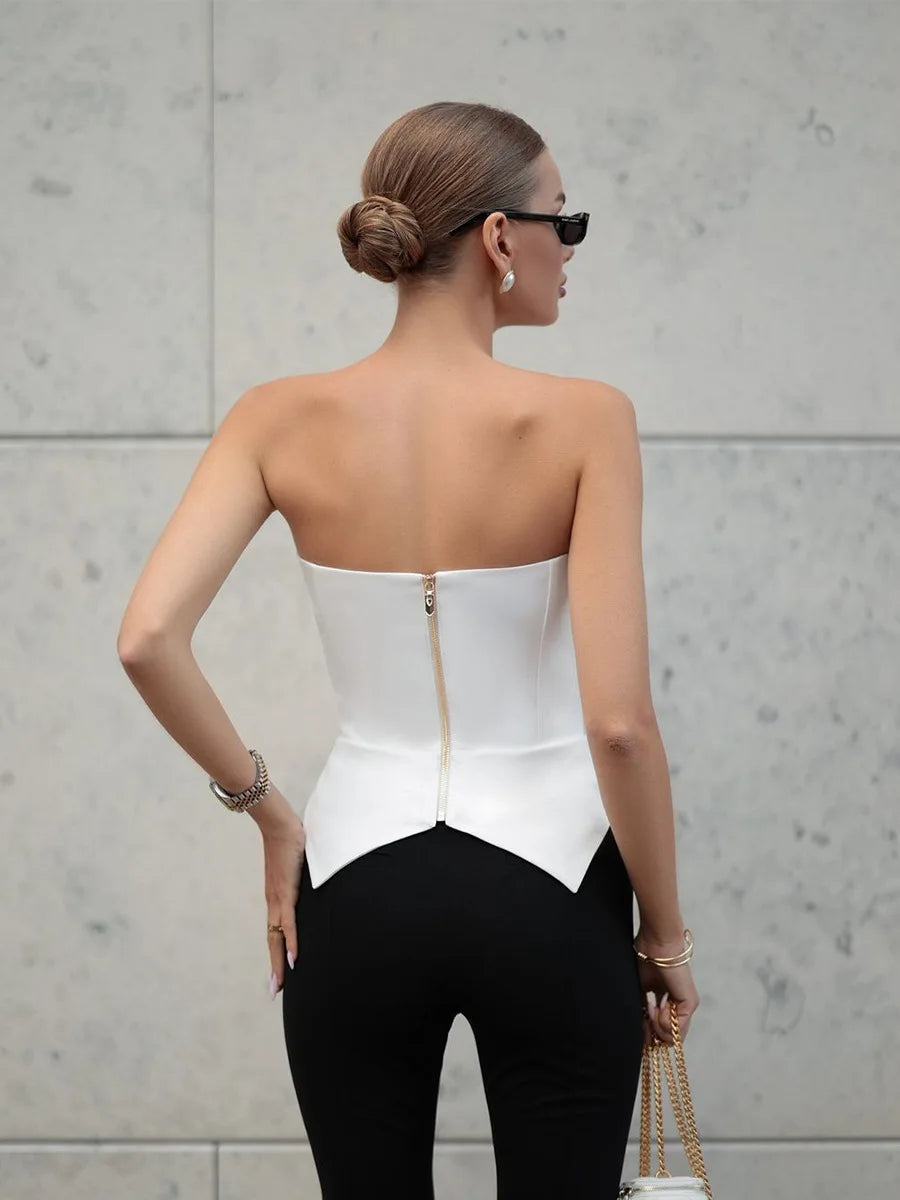Bornladies Women's White Strapless Top Summer New Fashion Office Lady Metal Buckle Sleeveless Top Female Sexy Slim Fit Vest
