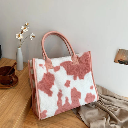 Winter Faux Fur ,Leopard Print Designer Shopper Totes, Fashion Soft Plush Women Shoulder Bags, Large Capacity Handbags and Purse