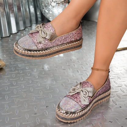 Women Sneakers 2025 New Luxury Crystals Bowknot Loafers Sequined Flat Platform Shoes Couple Fashion Plus Size Sneakers Women