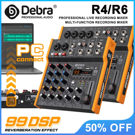 Debra R4/R6 6-Channel Audio Mixer, DJ Controller with Bluetooth 5.0 99 DSP Reverb Effects for PC Recording, Live Webcasting