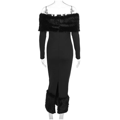Faux Fur Patchwork Strapless Dress Women Sexy Off-shoulder Full Sleeve Cinched-waist Slim Long Gown Lady Christmas Party Dresses