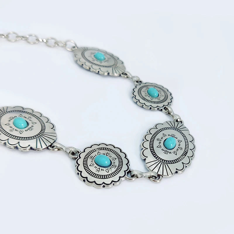 Fashion Silver Bohemian female circular waist chain luxury blue gemstone Ellipse chain belts for women suitable for Skirts dress