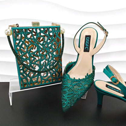 Luxury African Nigerian Bride Party Shoes Sky Blue All Rhinestone Pointed Heels Matching Shoe Bag Set
