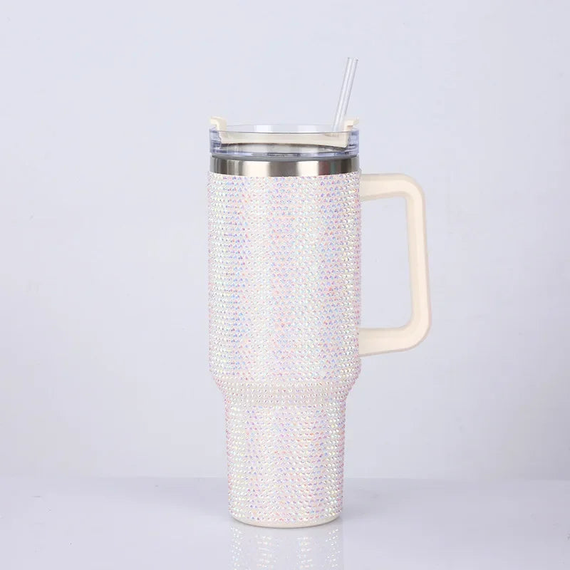 40oz Rhinestone Tumbler Stainless Steel Straw Women Cup Shiny Diamond Travel Car Thermoses Coffee Mug Water Bottle Drinkware