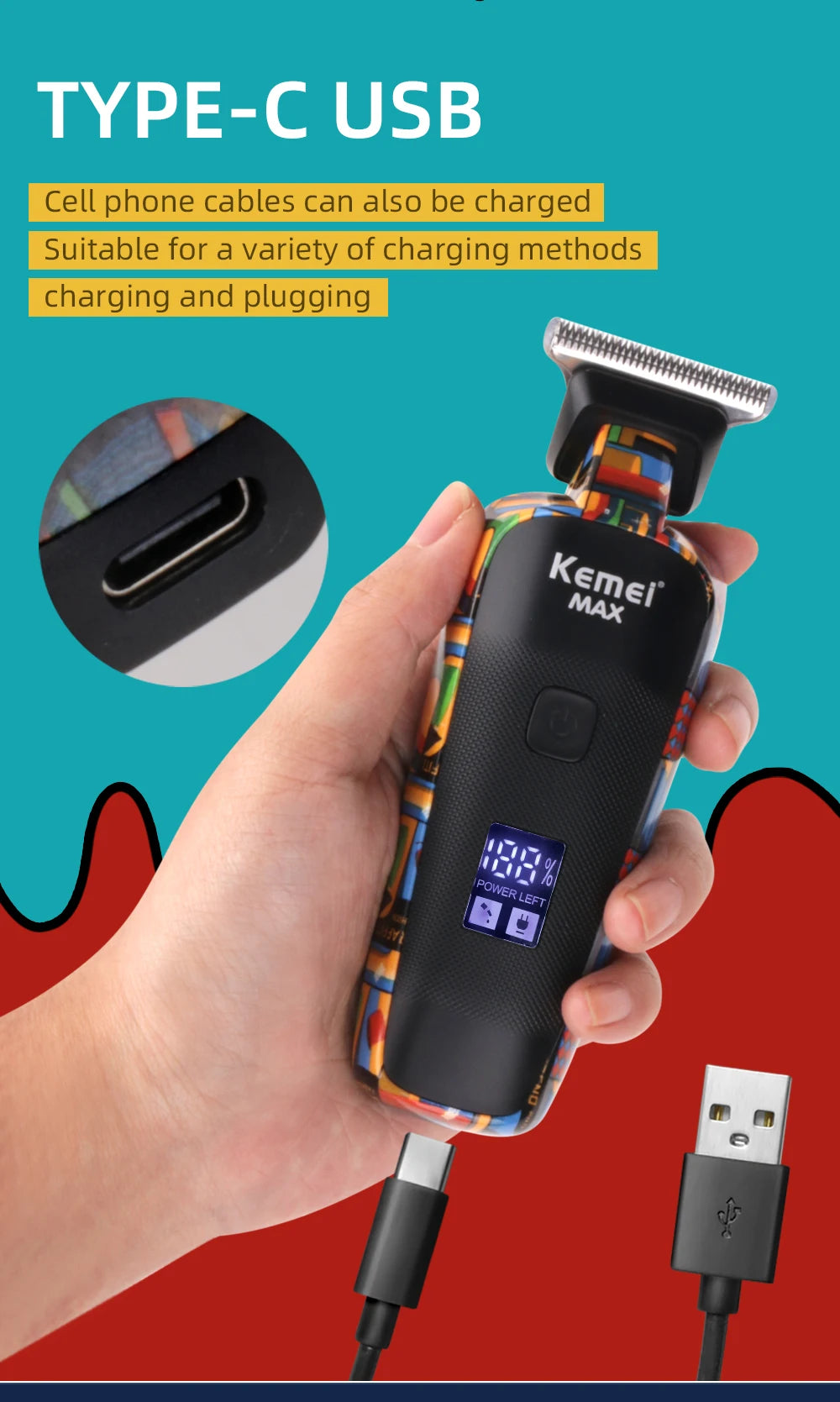 Kemei-5090 Digital Display Professional Barber Pusher For Men Hair Clipper Reciprocating Random Graffiti Pattern Electric