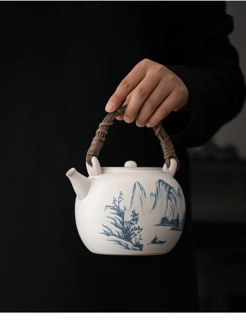 Retro Soda Glaze Ceramic Teapot Hand-painted Landscape Lifting Beam Pot Boiling Water Side Handle Kettle For Electric Stove