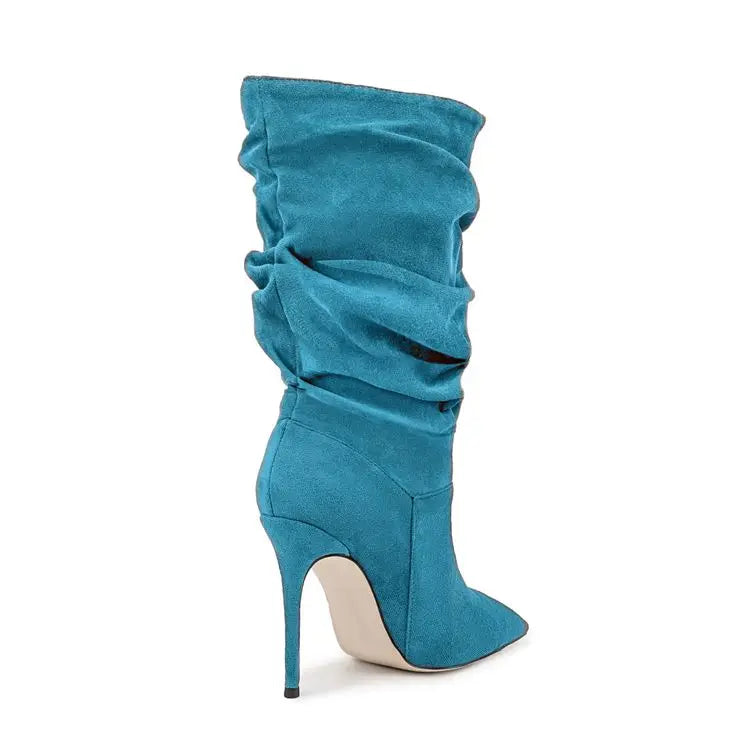 2025Women's Autumn and Winter New Pleated High-heeled Short Boots with Pointed Sleeves, Women's 35-47 Large Mid Length Boots