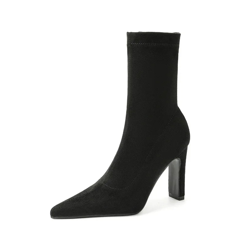 Eilyken Winter Thick Heel Sock Flock Women Boots Pointed Toe Ankle Booties Sexy Female Shoes Plus Size 34-42