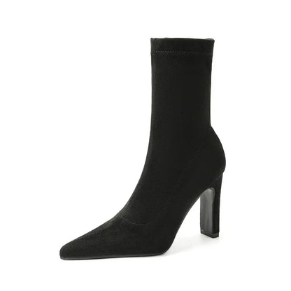 Eilyken Winter Thick Heel Sock Flock Women Boots Pointed Toe Ankle Booties Sexy Female Shoes Plus Size 34-42