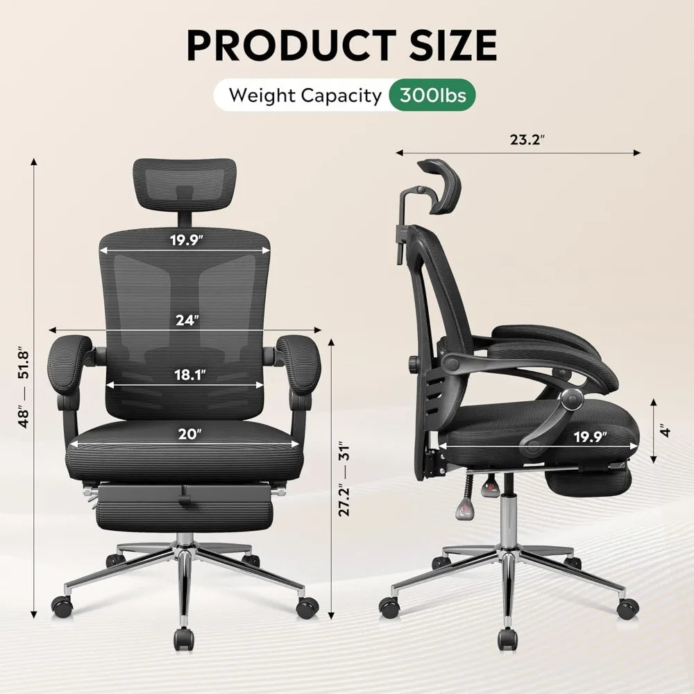 Ergonomic Mesh Office Desk Chair with Footrest,Comfrotable Big and Tall Reclining Computer Chair with Adjustable Lumbar Support