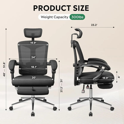 Ergonomic Mesh Office Desk Chair with Footrest,Comfrotable Big and Tall Reclining Computer Chair with Adjustable Lumbar Support