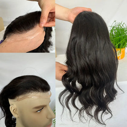 12'' Long Toupee for Men 10x8'' European Virgin Human Hair Replacement Systems Men's Hairpiece Mono Lace Top Loose Wave Men Wigs