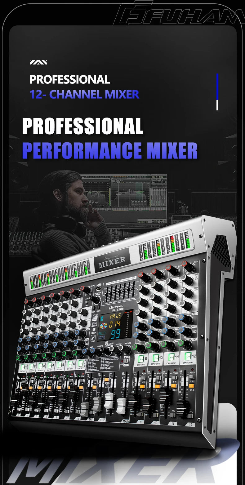 FUHAM RI808/1208 Professional 8/12 Channel 99DSP Mixer 48V Phantom Power USB Recording Studio Karaoke Bluetooth DJ Console Mixer