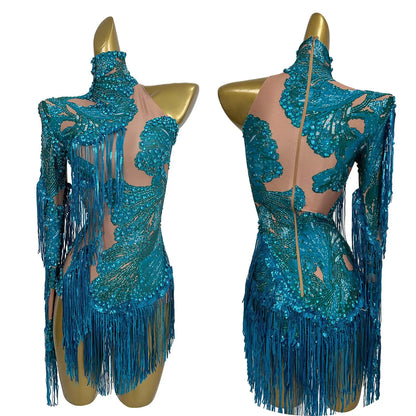 Sparkly Sequins Tassel One Shoulder Tight Bodysuit Women Dance Leotard Outfit Nightclub Bar Performance Costume Stage Wear Duxiu