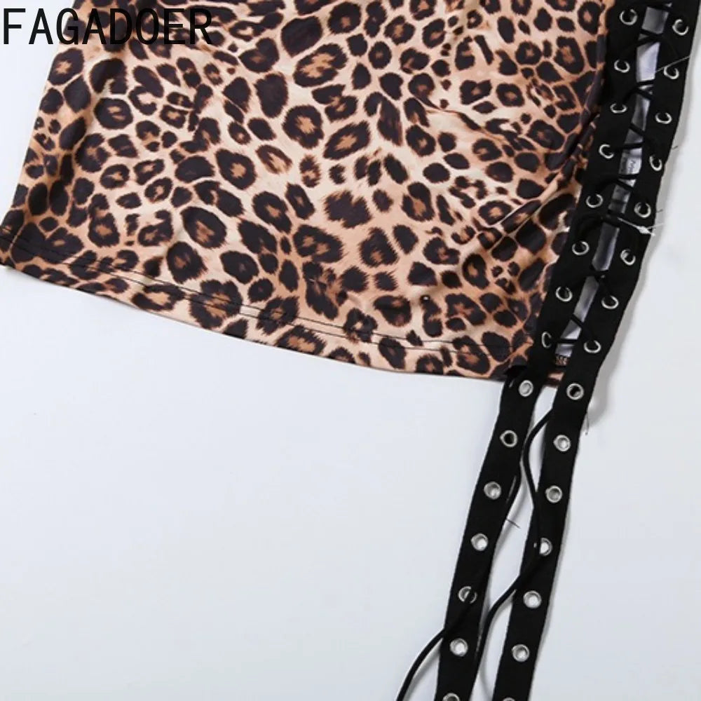 FAGADOER Spring New Sexy Leopard Print Dresses Woman Off-shoulder Backless Bandage Patchwork Dress Female Streetwear Vestidos