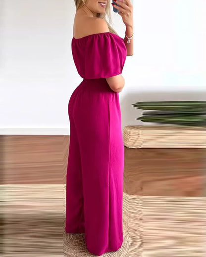Summer New Women Sexy One Line Shoulder Solid Color Short Sleeve Jumpsuit Slim Elastic Waist Loose Straight Female Long Jumpsuit