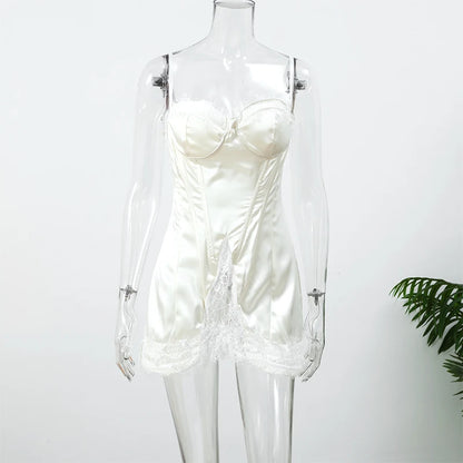 Women White Lace Trim Corset Mini Dress Sexy Sweetheart Neck Spaghetti Strap Slit Hem 2026 Summer Leisure Nightclub Party Wear