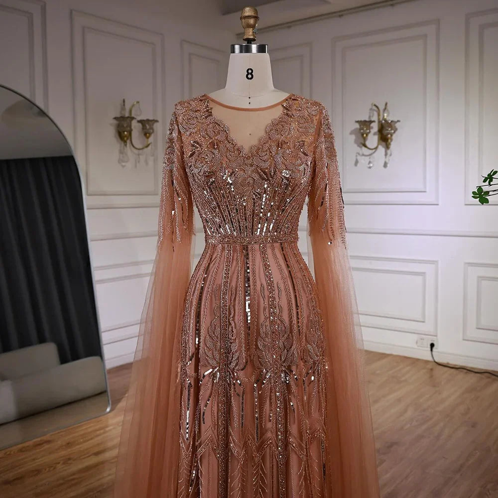 Luxury Elegant Rose Gold Beaded A Line Evening Dress with Cape Sleeves for Formal Party Serene Hill 2026 Customized CLA73056