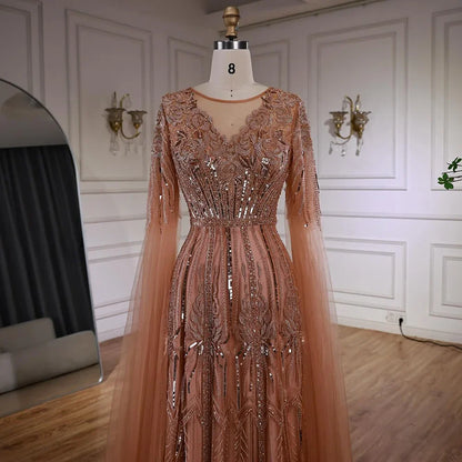 Luxury Elegant Rose Gold Beaded A Line Evening Dress with Cape Sleeves for Formal Party Serene Hill 2026 Customized CLA73056